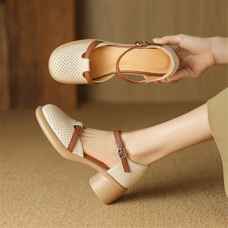 New Genuine Leather Summer Sandals Cover Toe Hollow Out Sandals for Women Platform Shoes Chunky Heel Shoes Mixed Color Sandals