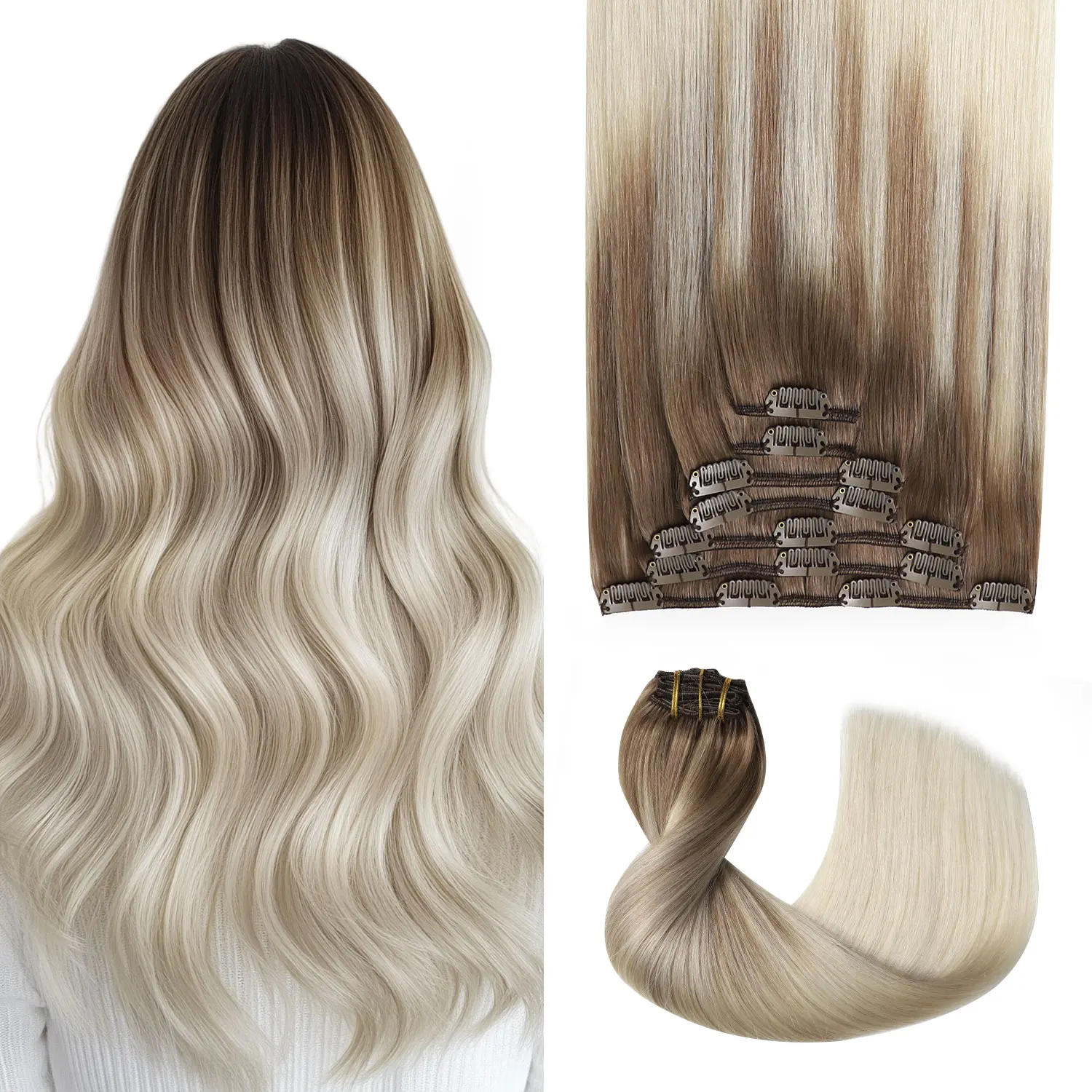 Extensions à clipser Sweetmet Pro2.0 en cheveux humains, 120g, épaisses, 7 pièces # Extensions de cheveux humains Remy, brun clair à blond platine, 8/60, à clipser, 35cm-55cm, tissu double maille sans couture, pour femmes