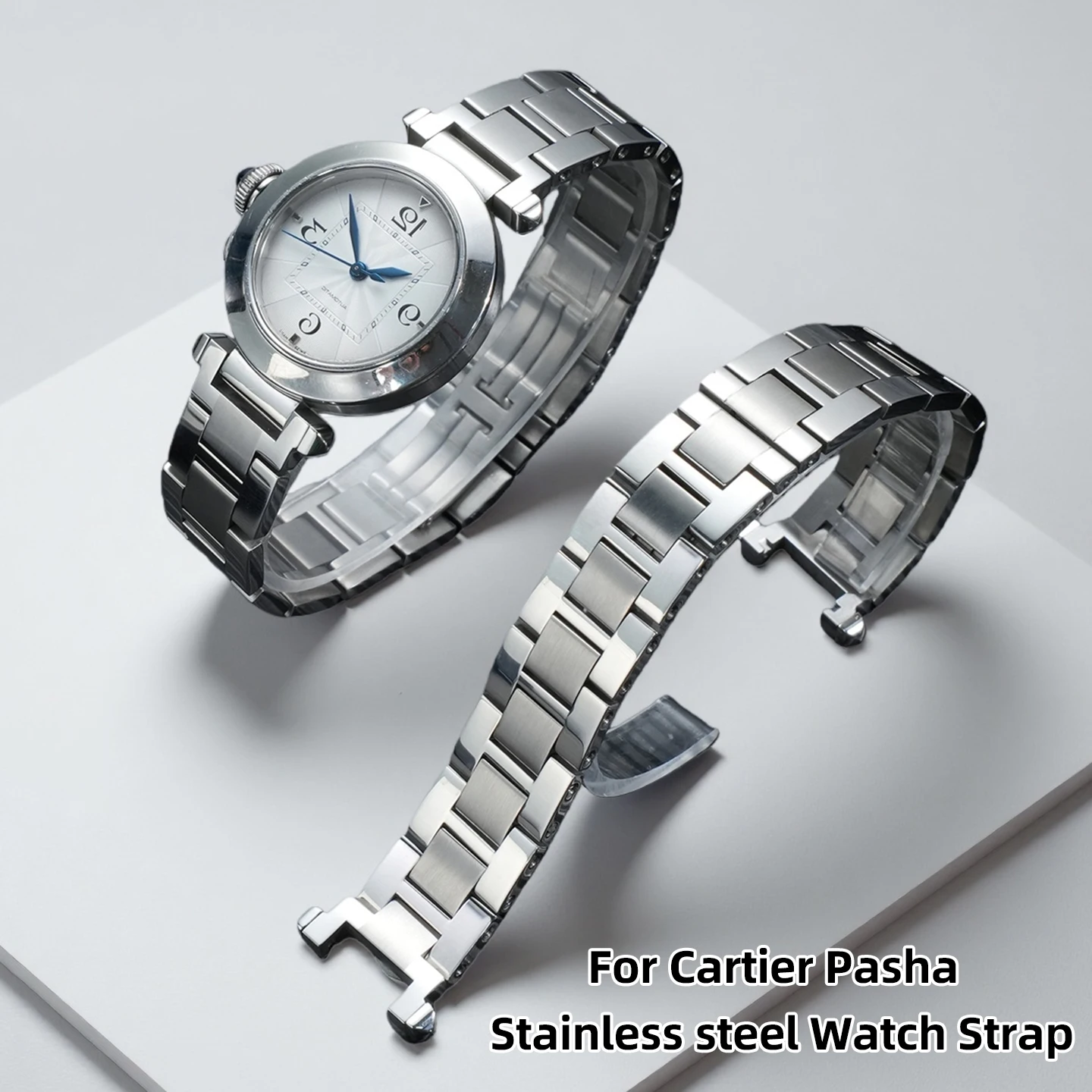19*12MM Men's Bracelet For Cartier Pasha Stainless steel Watch Strap Notch Precision steel Watch Band Wristband Folding Clasp