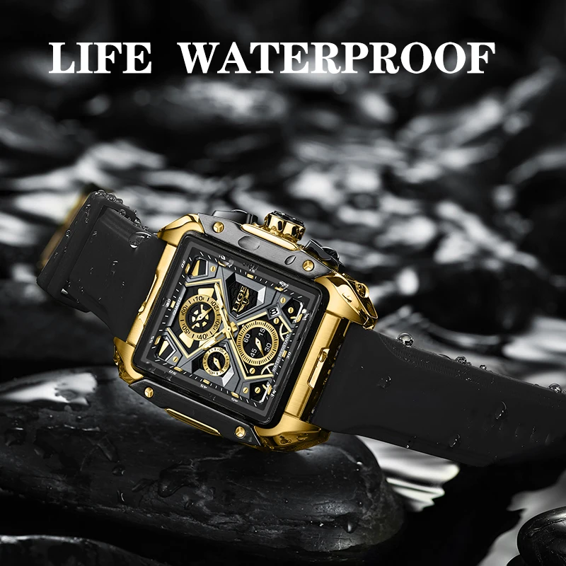 LIGE-Relógio Quadrado de Quartzo de Silicone Masculino, Impermeável, Casual, Esporte, Militar, Oco, Cronógrafo, Relógio, Caixa, Moda de Luxo