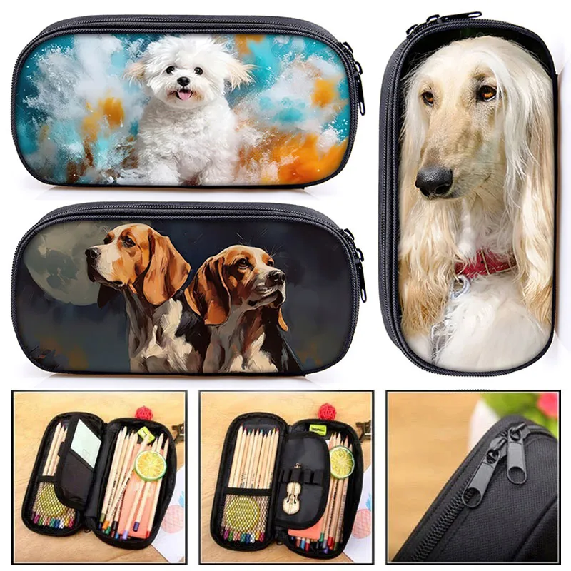 Bolsa de lápices con estampado de perro Beagle, estuche de cosméticos Bichon Frise, organizador de viaje, bolsa estacionaria Kawaii, suministros