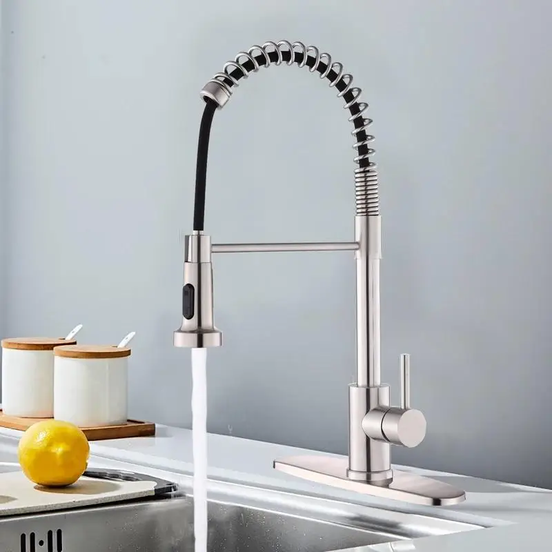 صنبور المطبخ الصناعي مع بخاخ منسدل، مقبض واحد، متوافق مع أحواض 1 أو 3 فتحات، مثالي للمزرعة، RV،