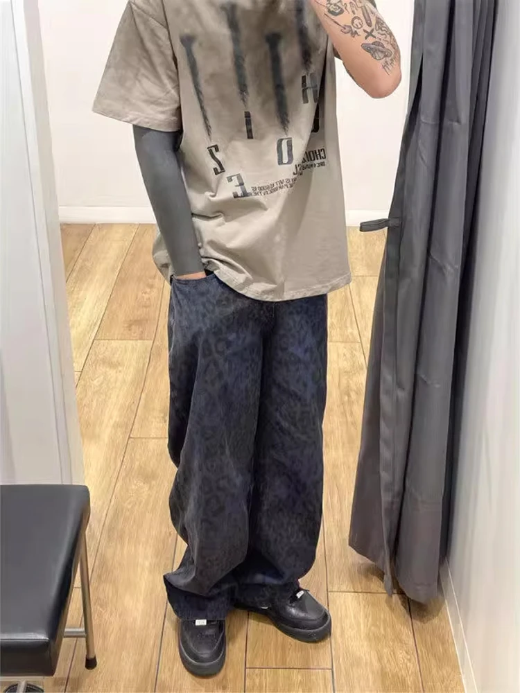 

Cool Street Style American Leopard Print Jeans Men's Straight Leg Hip Hop Dance Pants High Waist Loose Fit Breathable Casual ...
