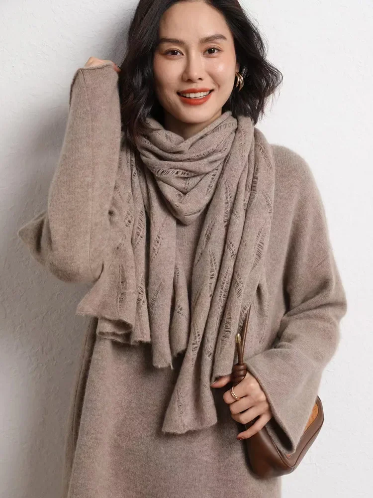 Autumn Winter New 100% Pure Cashmere Knitted Women Scarf Solid Color Poncho Warm Fashion Capes Ladies High Quality Scarves