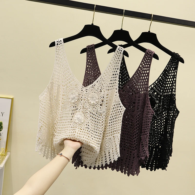 

Women's Loose Knitted Vest Top Summer Outerwear Svel Vintage Korean Sle Hook Flower Hollow out Design Casual irt