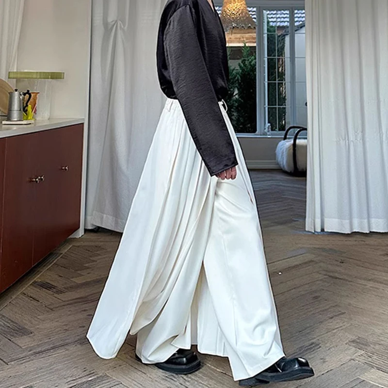 WTHT Modne męskie spodnie w jednolitym kolorze, dwuwarstwowe, plisowane, modne, codzienne spodnie z wysokim stanem, proste spodnie męskie 2025 Summer 2A1163