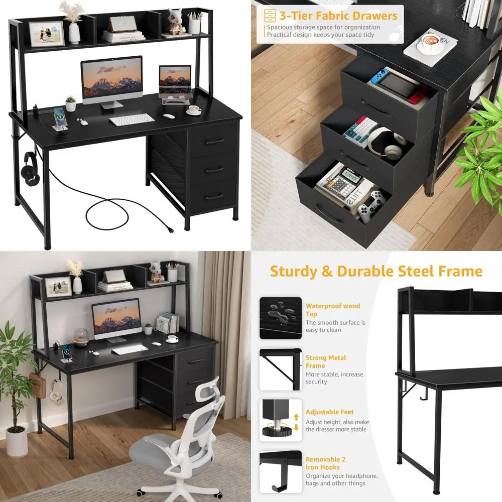 

Modern 47 Inch Black Computer Desk with Storage Hutch and Drawers, Complete with Power Outlets for Efficient Office Use