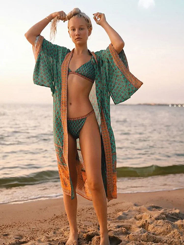 Fitshinling Oversized Beach Kimono With Sashes Bohemian Vintage Slim Sexy Long Cardigan Women Big Sleeve Fringe Cotton Cover-Up