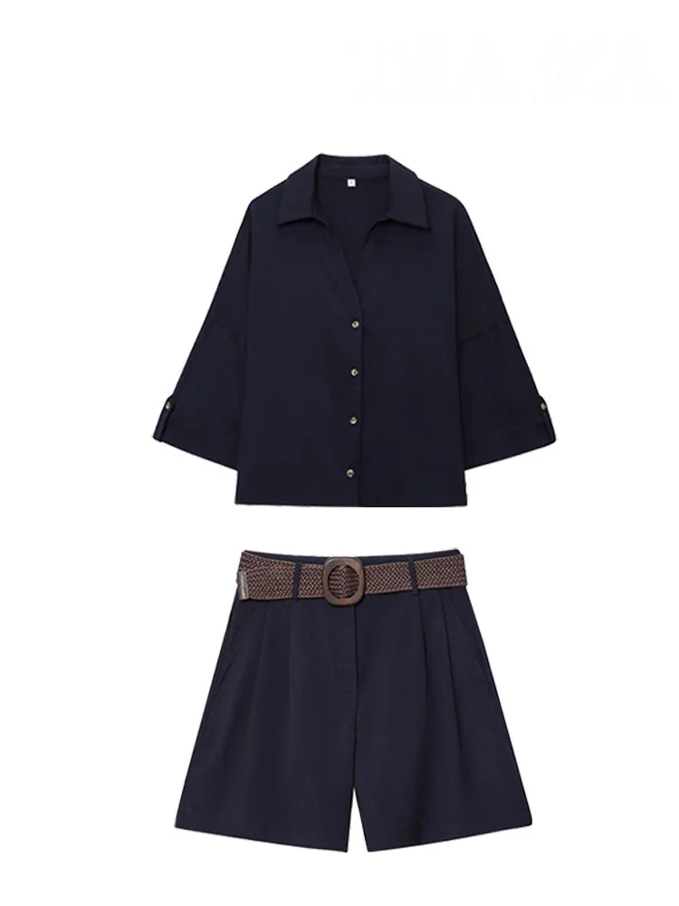 HH レディース エレガント ターンダウンカラー シングルブレスト シャツ トップス+シックなミッドウエストベルト装飾 ジッパー付きカジュアルショーツ 2点セット