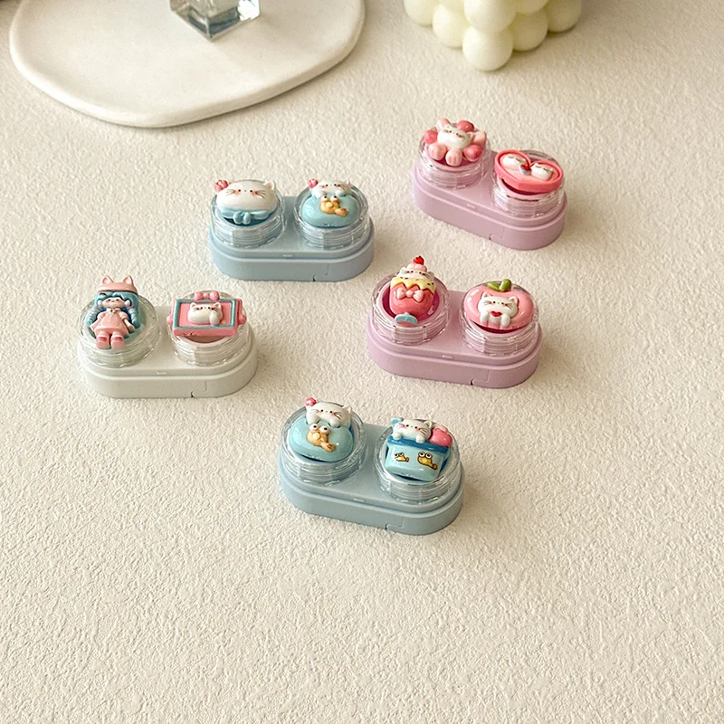Cute Cartoon Cat Contact Lens Case Portable Drawer Style With Tweezers Suction Tool ABS Material For Women Girls Travel Office