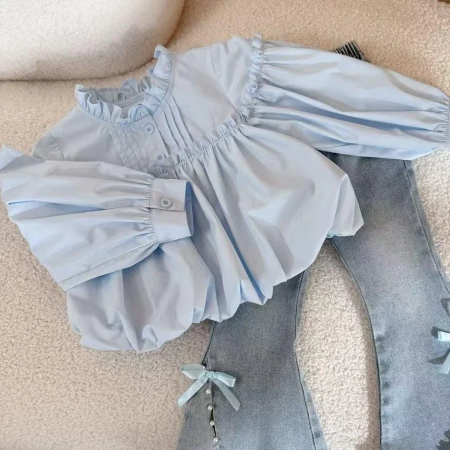 Girls Denim Jeans Shirt Set 2026 Autumn Loose Doll Blouse Kids Fashion Clothing Children Casual Outfit