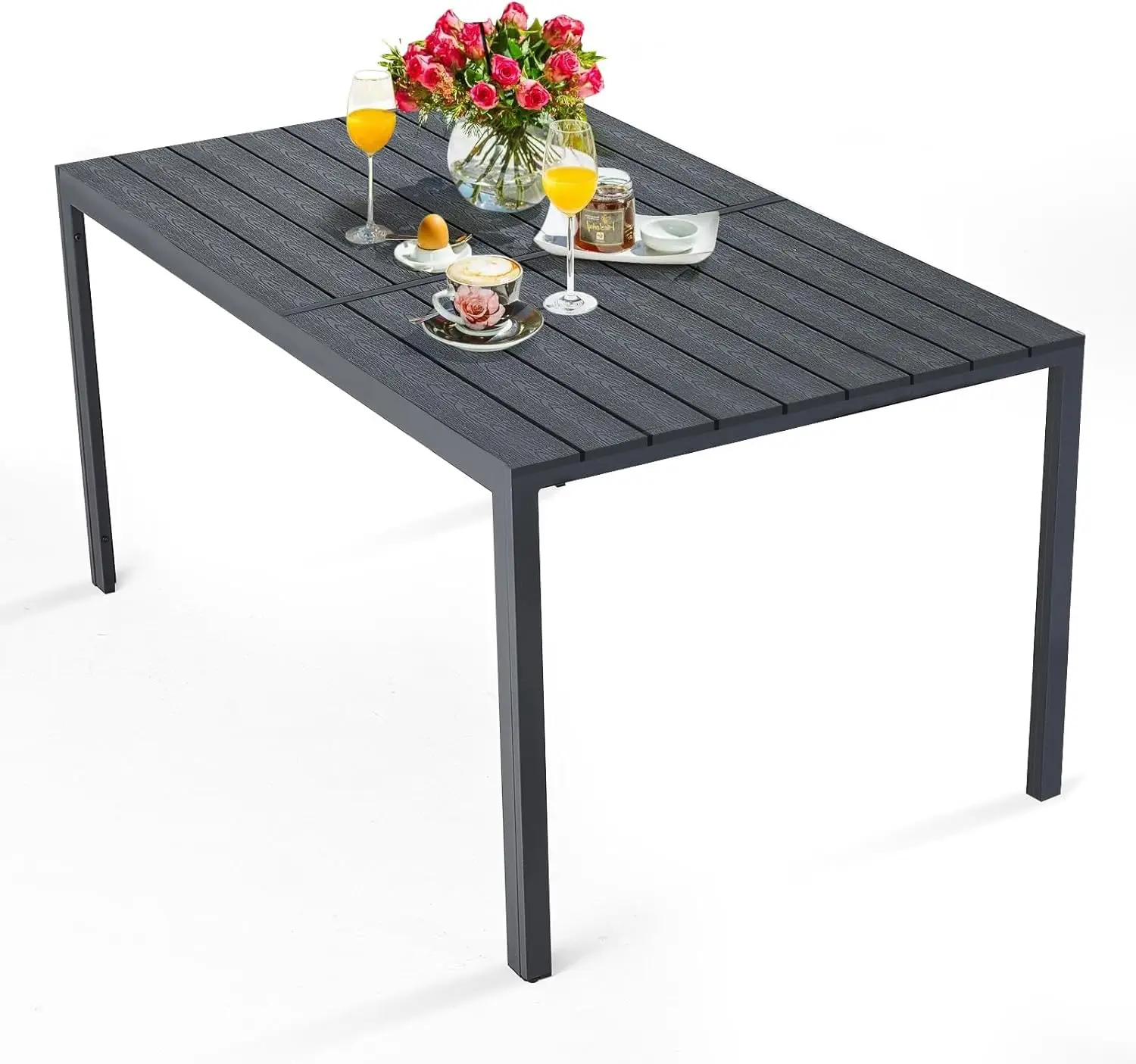 

60" Outdoor Dining Table, Aluminum Patio Table with Wood-Plastic Composite Tabletop,6 Seater Dining Table, Customized
