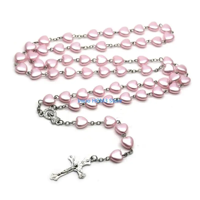 A5YD Catholic Rosary Necklaces Heart Bead Pendant Religious Jewelry Gift