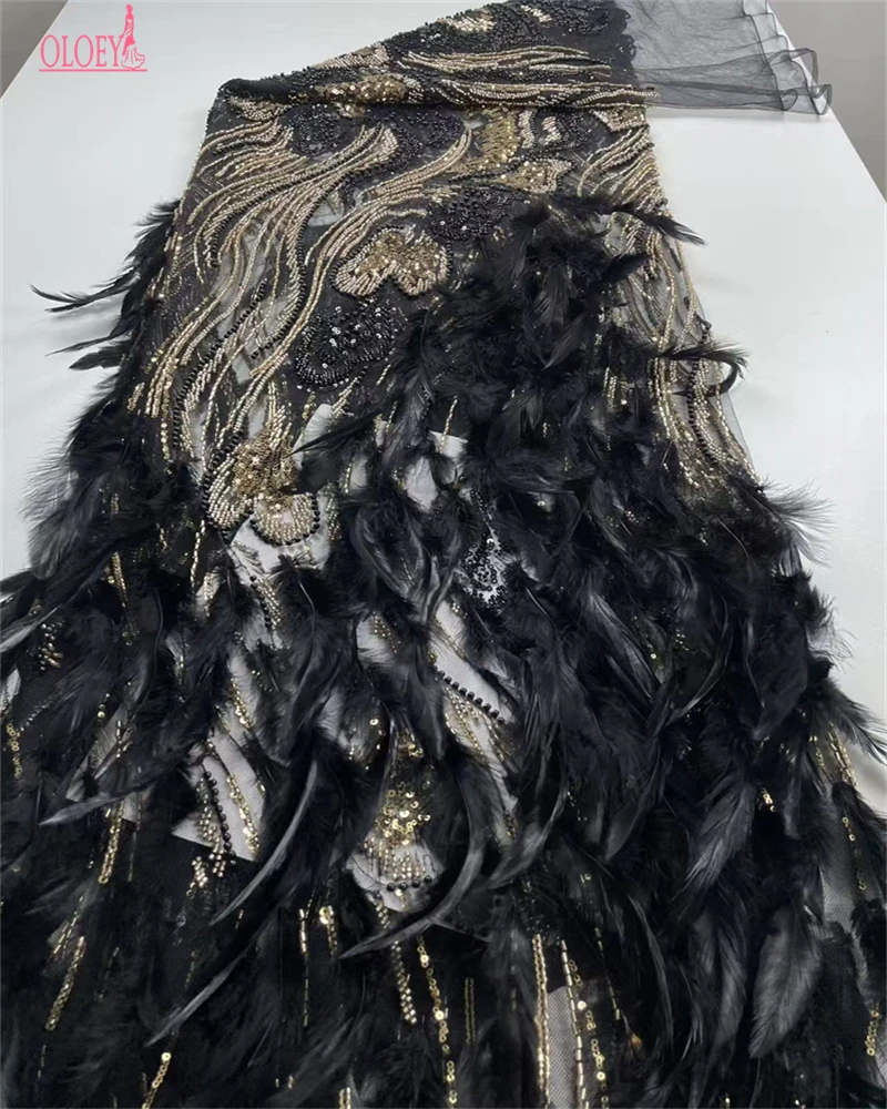 OLOEY, tela de encaje pesado francés africano con plumas 3D de lujo, cuentas de lentejuelas de alta calidad, tela de encaje nigeriano para vestidos de novia
