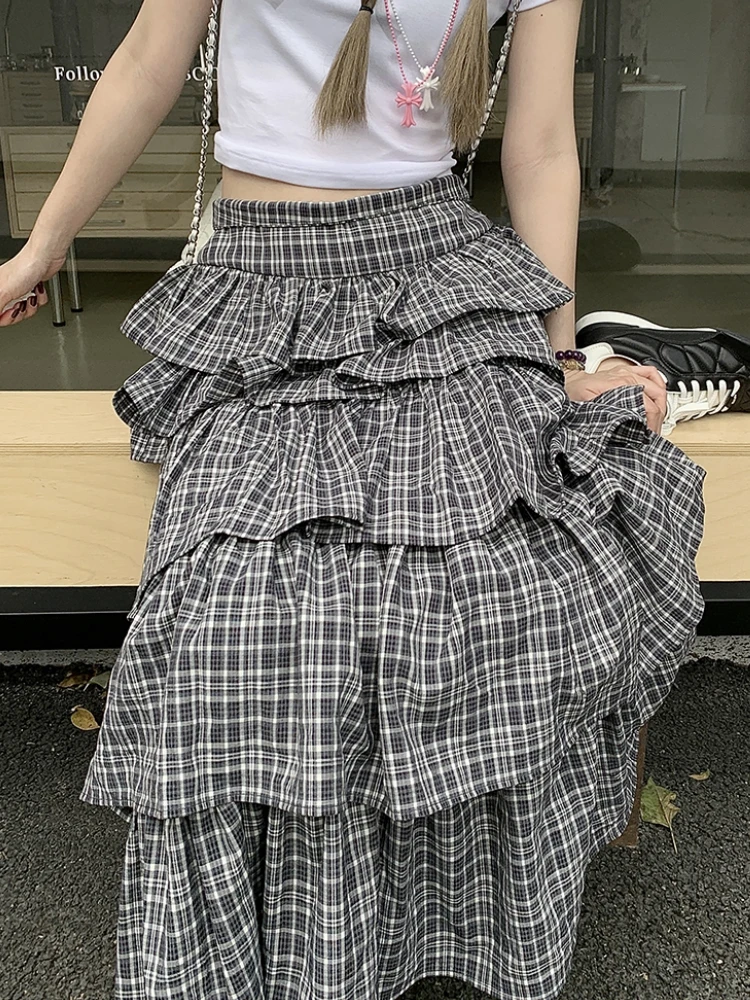 Long Skirt Womens Plaid Skirt 2024 Goth Lolita Spring Summer High Waist High Low Layer Ruched Ruffle Ball Gown Skirts rok