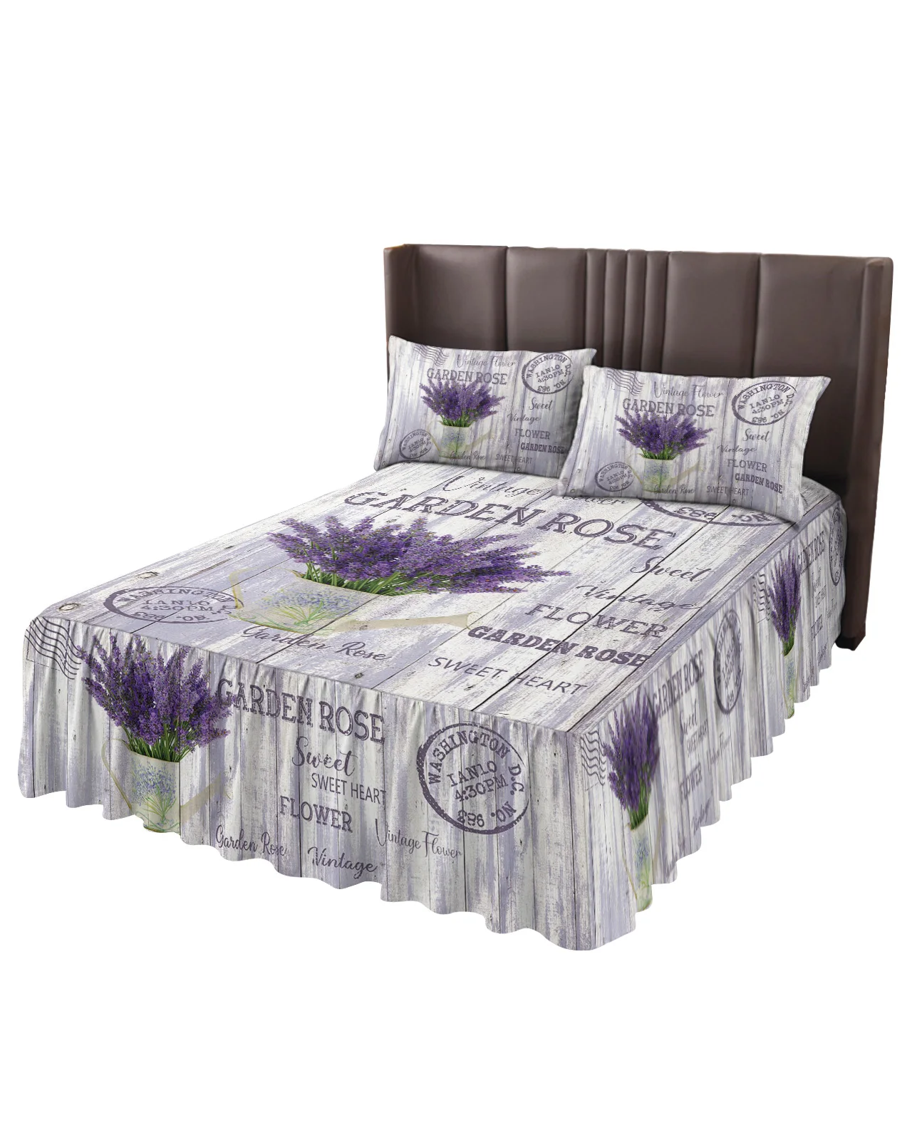 Flower Lavender Kettle Vintage Postcard Wood Bed Skirt Fitted Bedspread With Pillowcases Mattress Cover Bedding Set Bed Sheet