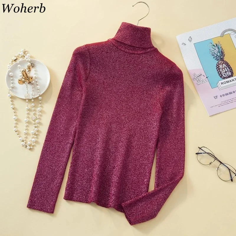 Woherb Turtleneck Women Pullover Glitter Sweater Spring Jumper Knitted Basic Top Fashion Autumn Korean Ladies Clothes 2024