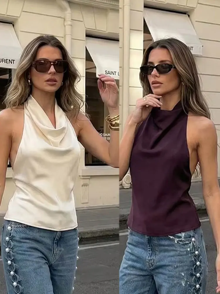 HH Halter Satin-Tops für Damen – Modische ärmellose, rückenfreie, sexy Vintage-Sommer-Tops 2026 – Neu in Braun und Pink für Party und Urlaub – Schicke Oberteile