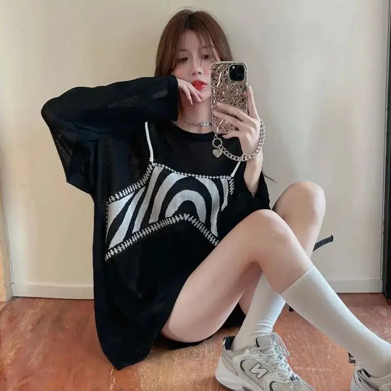 Large Size Sunscreen Shirt for Women with Fake Two-piece Long-sleeved T-shirt Loose and Slim Versatile Top