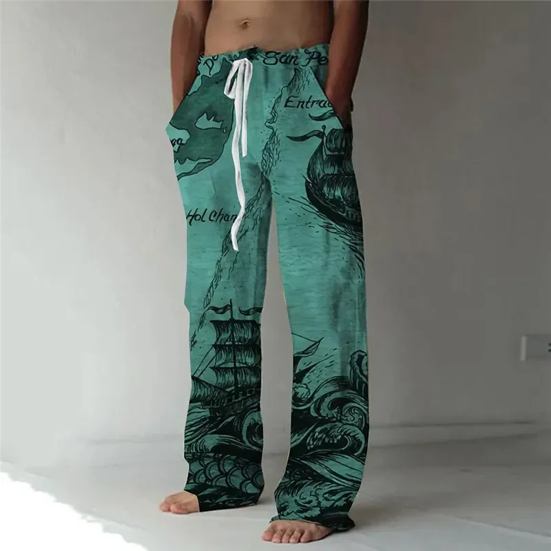 3D Printed Fashion Retro Wide Leg Pants Holiday Casual Pants Summer Quick Dry Men's Loose Beach Mopping Pants