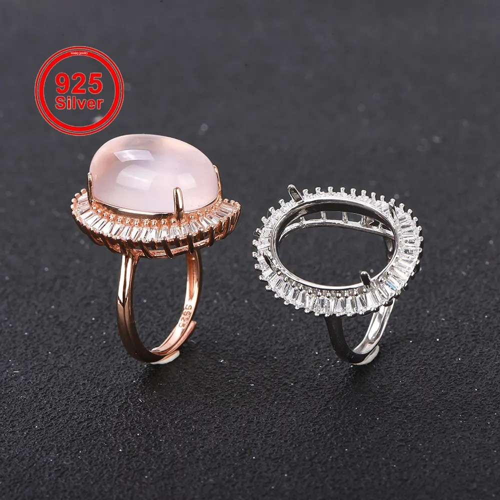 13x18mm S925 Silver Oval Solid Shank Ring Base, Diamond Accent Bridal Setting for Gemstones, Handcrafted Jewelry Making Supplies