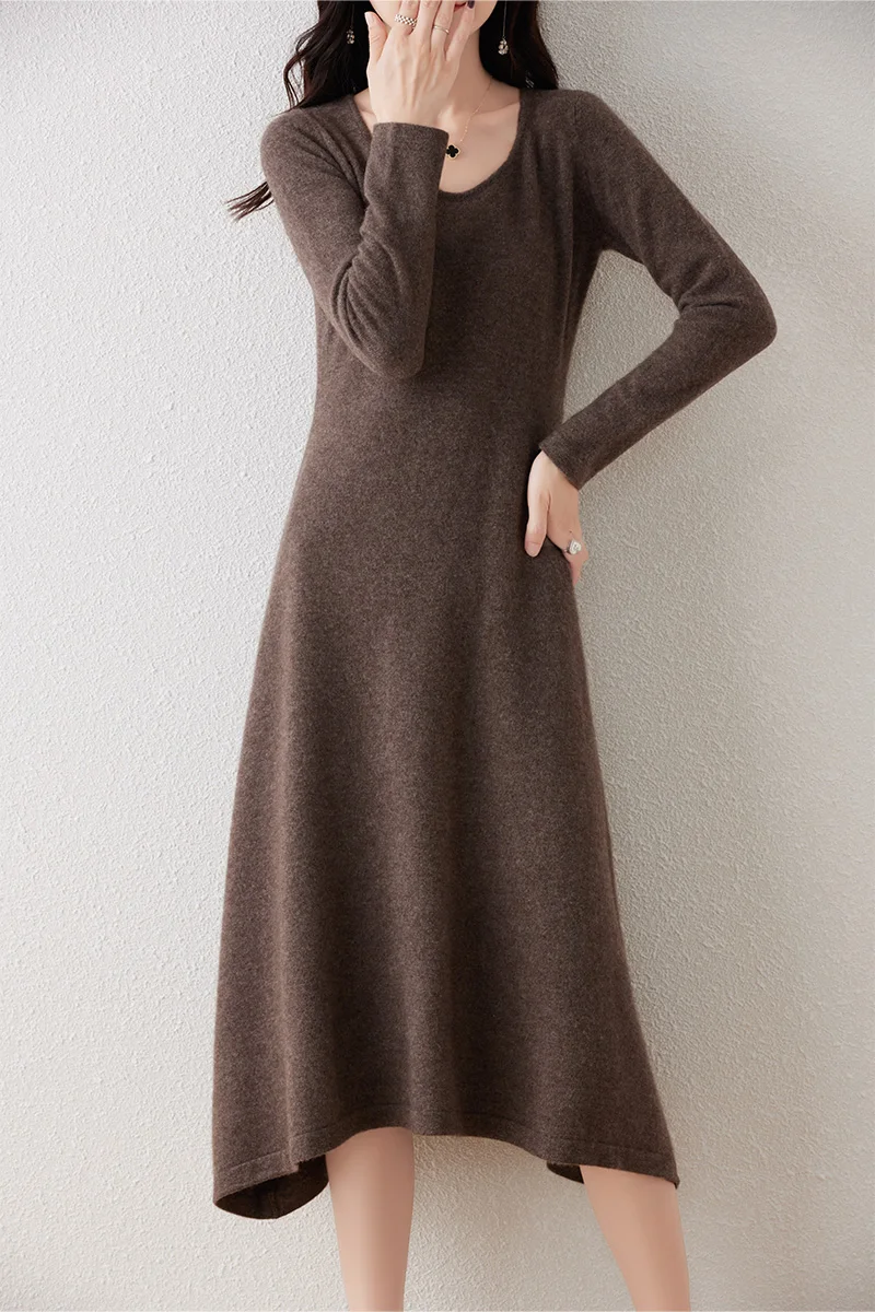 Traf Official 100% Merino Wool Sweater Dress 2023 Autumn And Winter New Women's Round Neck Solid Color Tunic Skirt