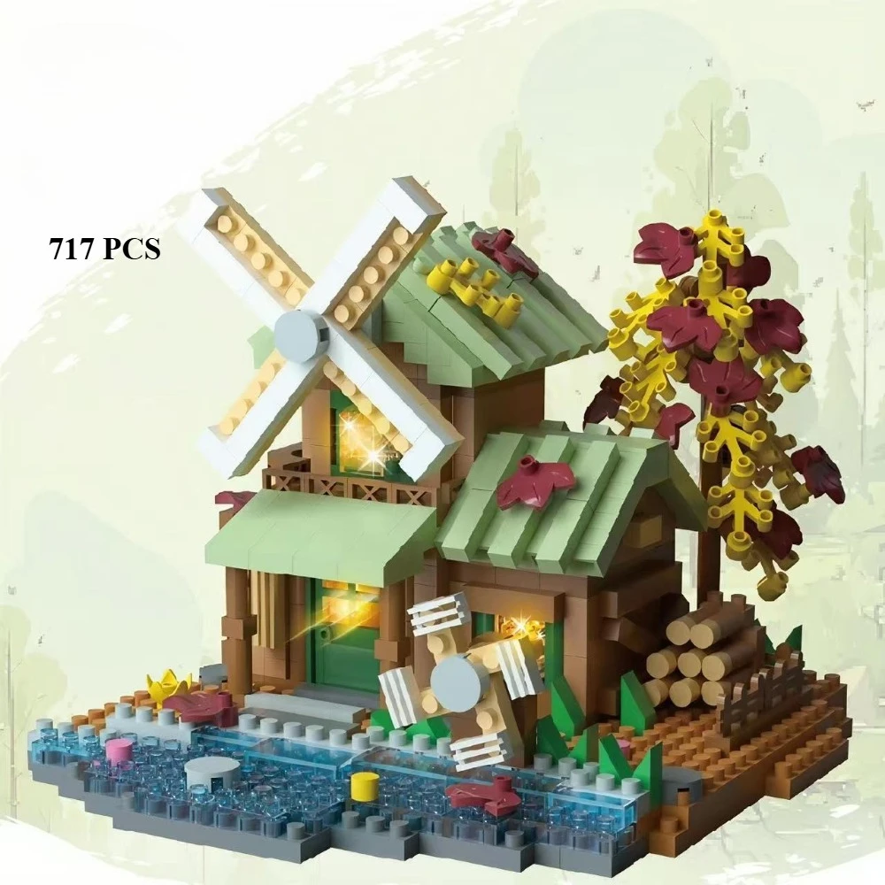 MOC Miniature Forest Wooden Tree House Bouquet Building Blocks Set Windmill Flower Cabin Villa Toys For Children Birthday Gifts
