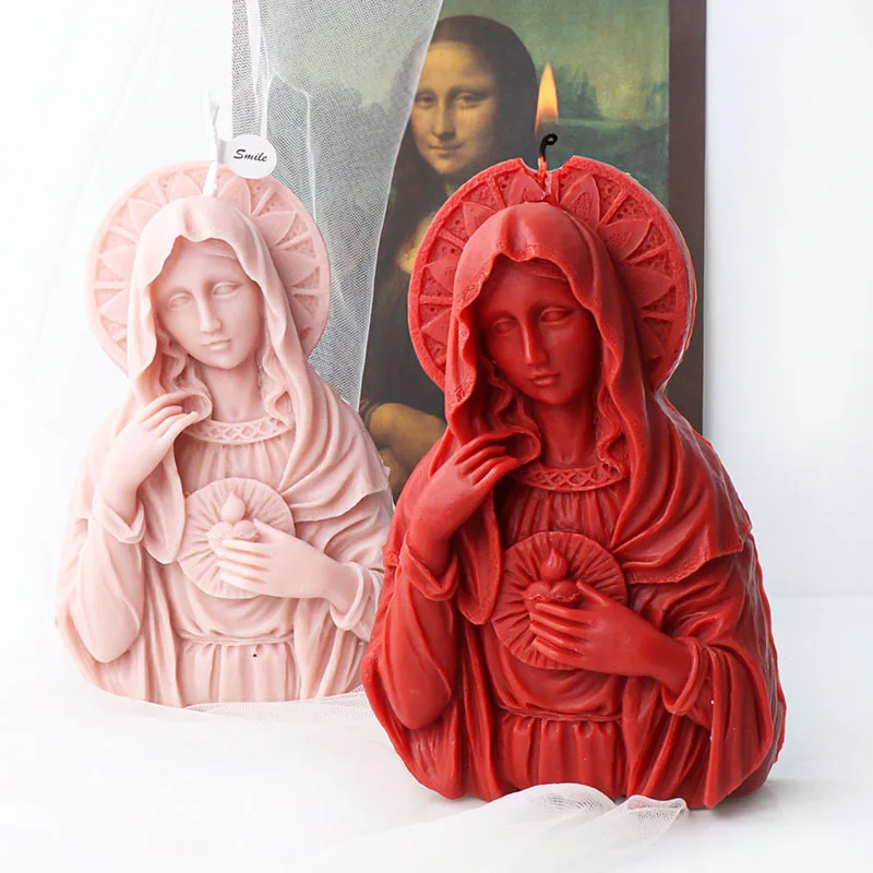 Virgin Mary Bust Statue Candle Silicone Mold DIY Art Abstract Flat Portrait Gypsum Candle Making Soap Resin Mould Desktop Decor