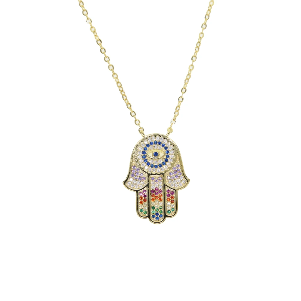fashion gold color jewelry lucky rainbow Hamsa hand Fatima's hand pendant necklace for women