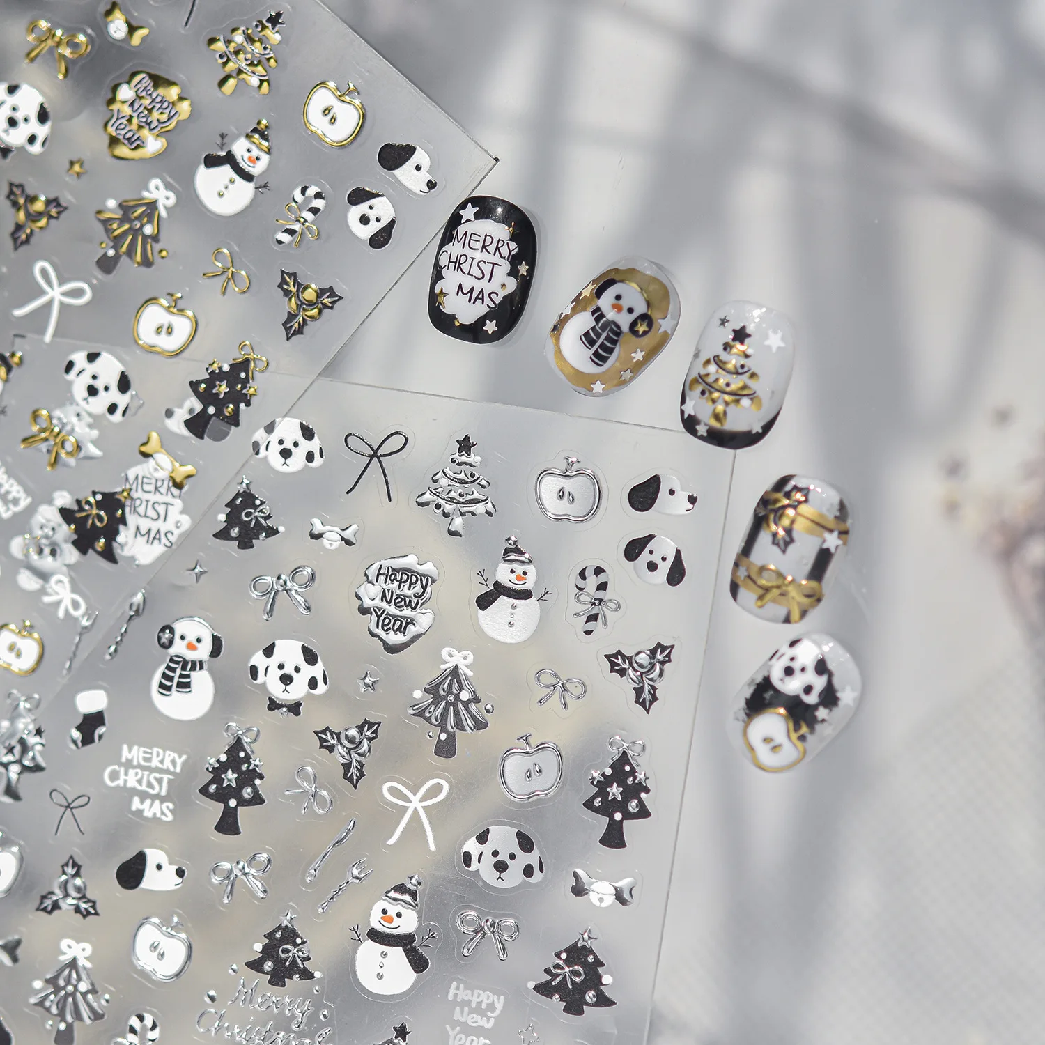 Lovely Spotted Puppy Wearing Scarf Snowman Tree 5D Nail Sticker Apple Bow Candy Cane Star Gold Silver Festive Christmas Decal