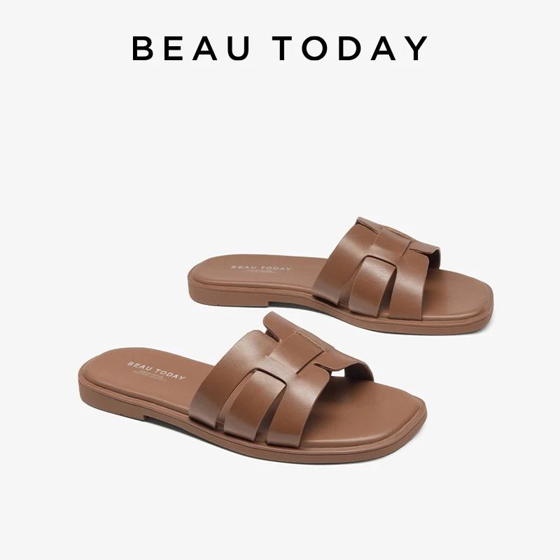 

BEAUTODAY Casual Slippers Women Calfskin Leather Square Toe Solid Color Shallow Retro Ladies Flat Shoes Handmade 36346