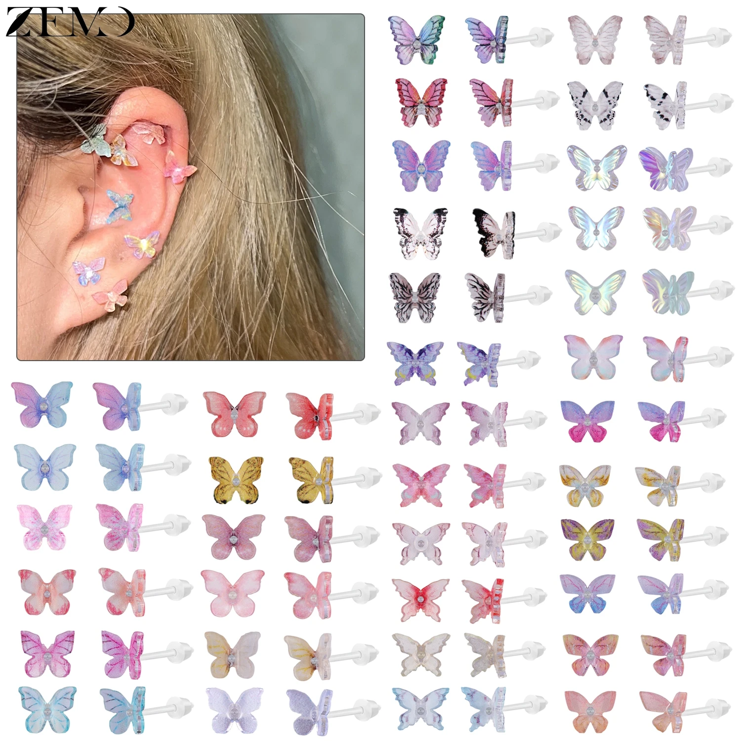 ZEMO 1 Paar Anti-Allergie 20G Harz Ohrstecker Frauen Mädchen Ohrstecker Süße Bunte Schmetterling Helix Tragus Conch Piercing 11 MM