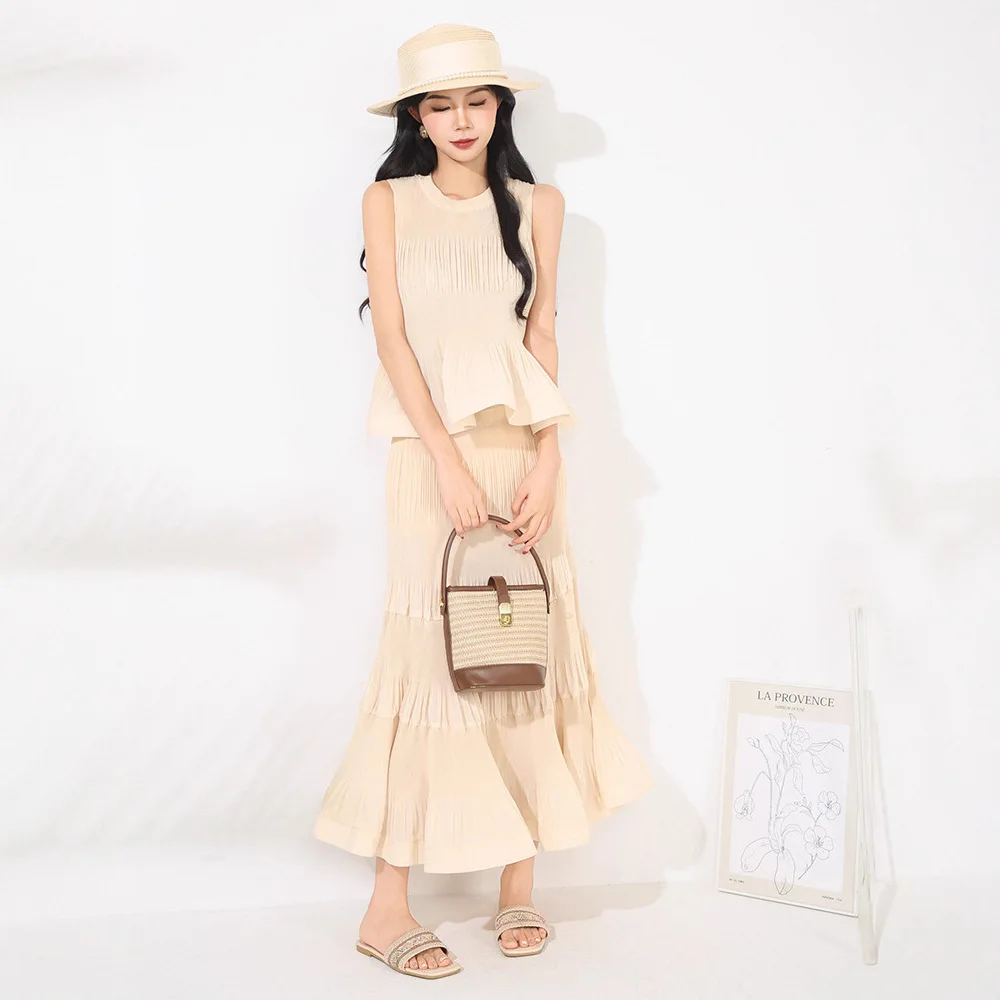 ALSEY Miyake 2025 夏シックな新プリーツファッション女性のセットラウンドネックプリーツベスト + ウエストゴムホルタースカート 2 点セット