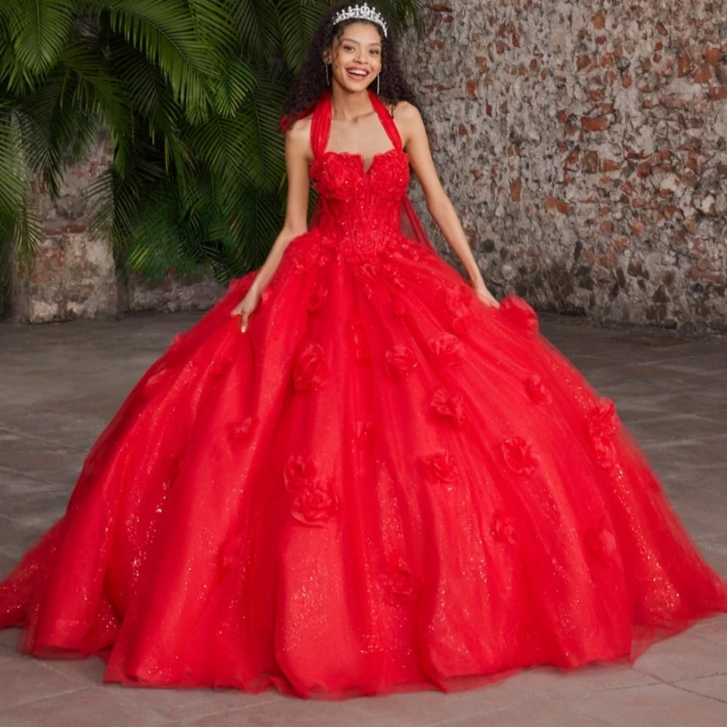 

Red Shiny Quinceanera Dresses Ball Gown Off The Shoulder Flower Beads Tull Party Birthday Sweet 16 Dress Vestidos 15 Anos