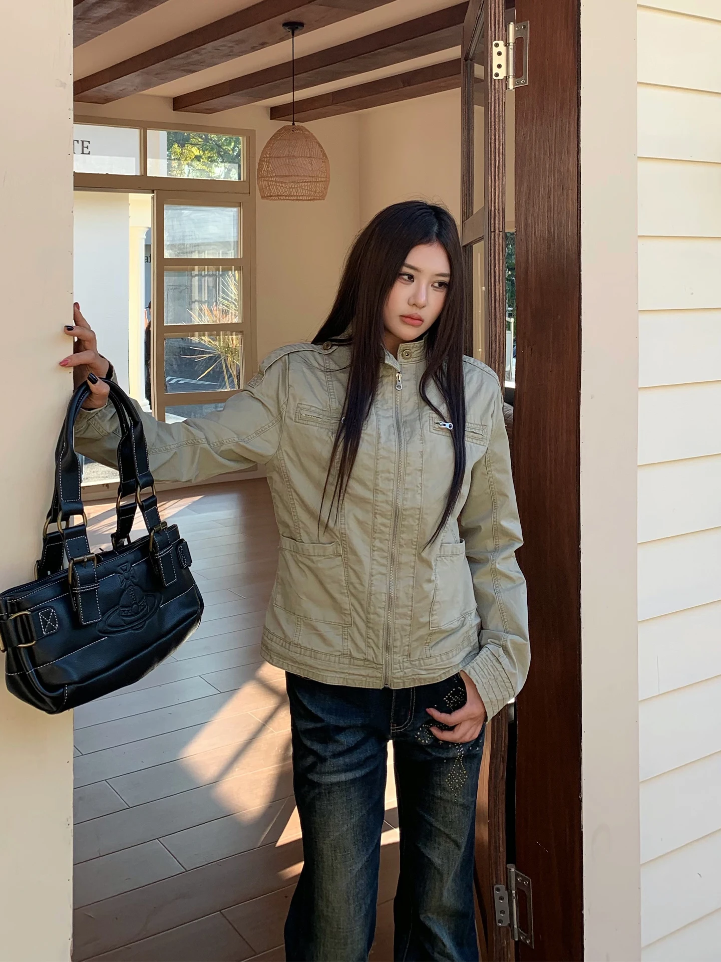 

Американская женская рабочая куртка в стиле кэжуал, приталенная, с дизайнерскими элементами на плечах, зимнее пальто на молнии, хлопковое, с длинными рукавами, воротник-стойка