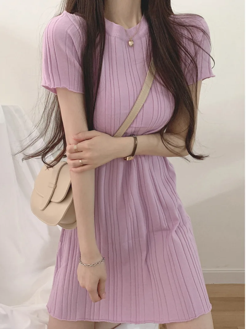 

2024 Summer New Style Round Neck Pit Stripe Slim Ice Silk Thin Short Sleeve Sexy Wrapped Hip Knitted Dress elegant Women 37O4