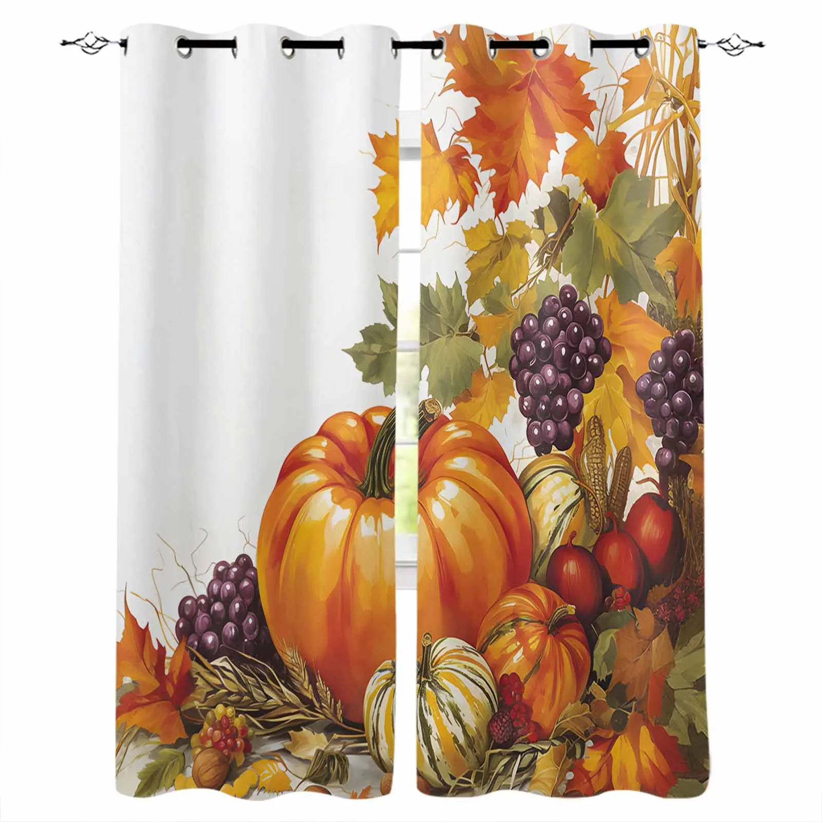 Autumn Pumpkin Grapes Maple Leaves Curtains for Living Room Window Decoration Curtains in Home Kitchen Luxury Bedroom Drapes