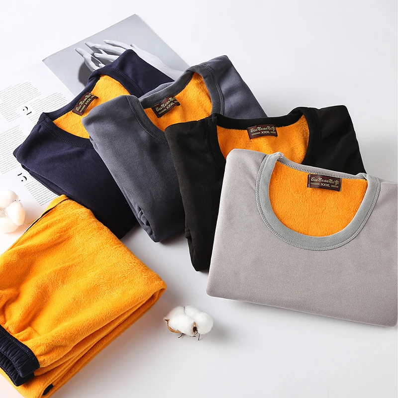 Men's Velvet Heat Storage Thermal Underwear Stretch Breathable Fashion Round Neck Women's Autumn Clothes Pants Set Autumn Winter
