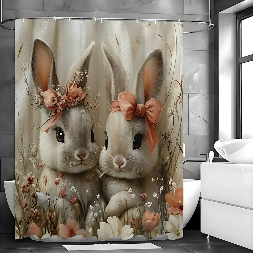 Easter Shower Curtain Bunny Easter Eggs Floral Bow Spring Holiday Bunny Bathroom Decor Polyester Shower Curtain Waterproof Showe