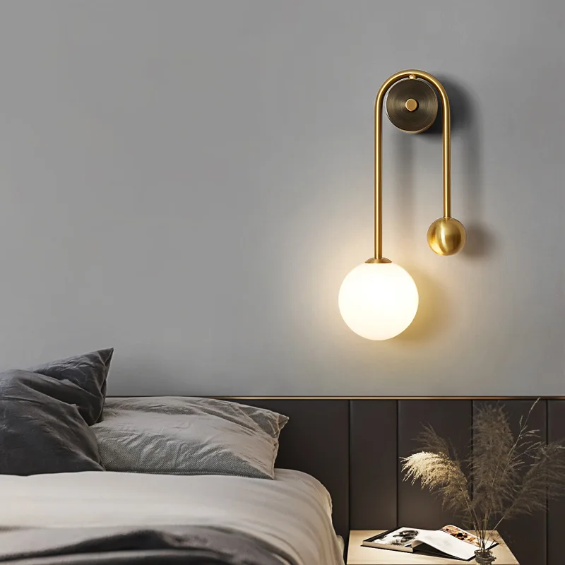 الحديثة شكل منحني جميع النحاس الجدار مصباح واحد/مزدوج رئيس الأبيض كرة زجاجية ضوء غرفة المعيشة غرفة نوم المطبخ مطعم الشمعدانات #2