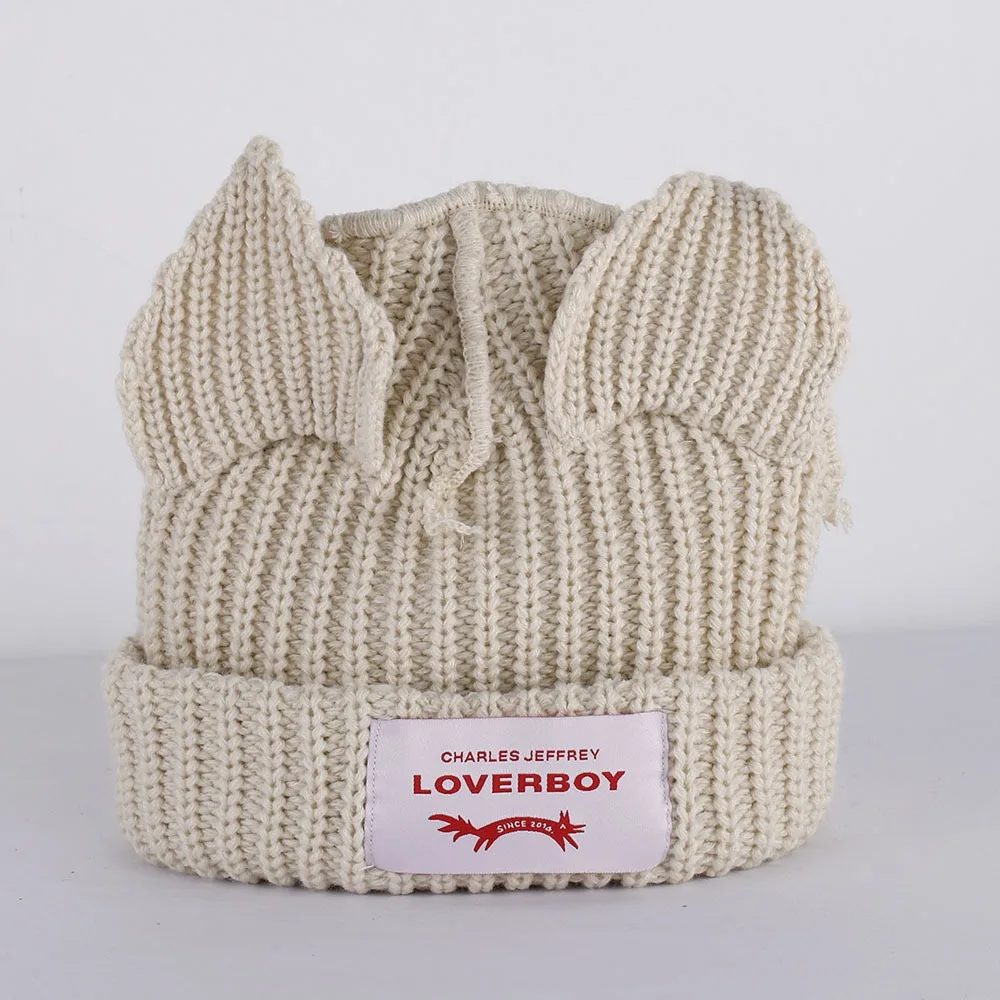 Fashion Double-layer Loverboy Cat Ear Knit Hat Hooded Cap Warm Knitted Cap Thicke Niche Design Cold Hat Autumn and Winter