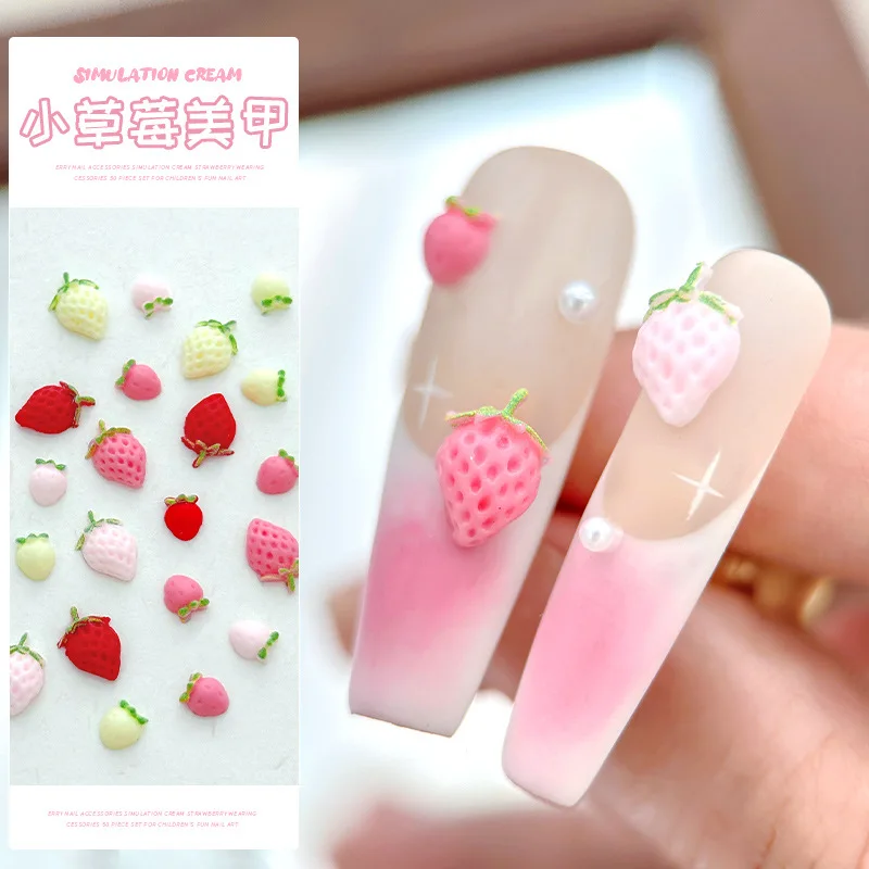 50pcs 3D Resin Creamy Strawberry Nail Charms Colorful Fruits Nail Art Decoration 5*5MM / 6*10MM DIY Manicure Accessorie Supplies
