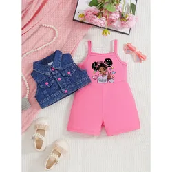 2PCS Summer Toddler Girl Clothes Set Sling Cartoon Jumpsuit+Cowboy Sleeveless Overcoat Fashion British Wear for Kid 0-5 Years