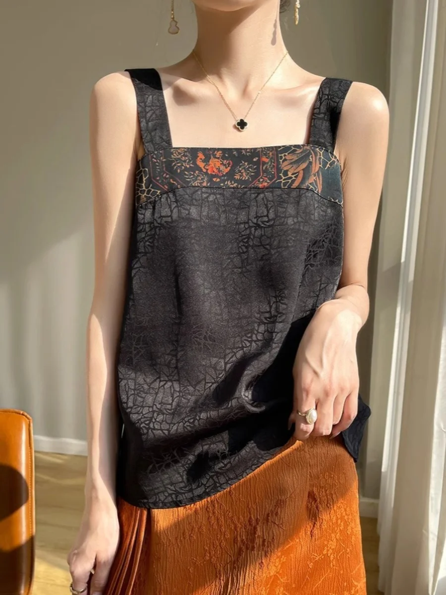 เสื้อกล้ามผ้าไหมจีน สายเดี่ยว คอเหลี่ยม สำหรับผู้หญิง เสื้อซับใน เสื้อยืดผ้าไหมเนื้อนุ่ม แฟชั่นฤดูร้อน