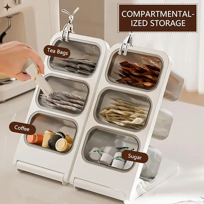 Teabag Storage Rack, Coffee Storage Box, Includes 3 Removable Storage Containers, Tilted Tiered Transparent Tea Rack 5