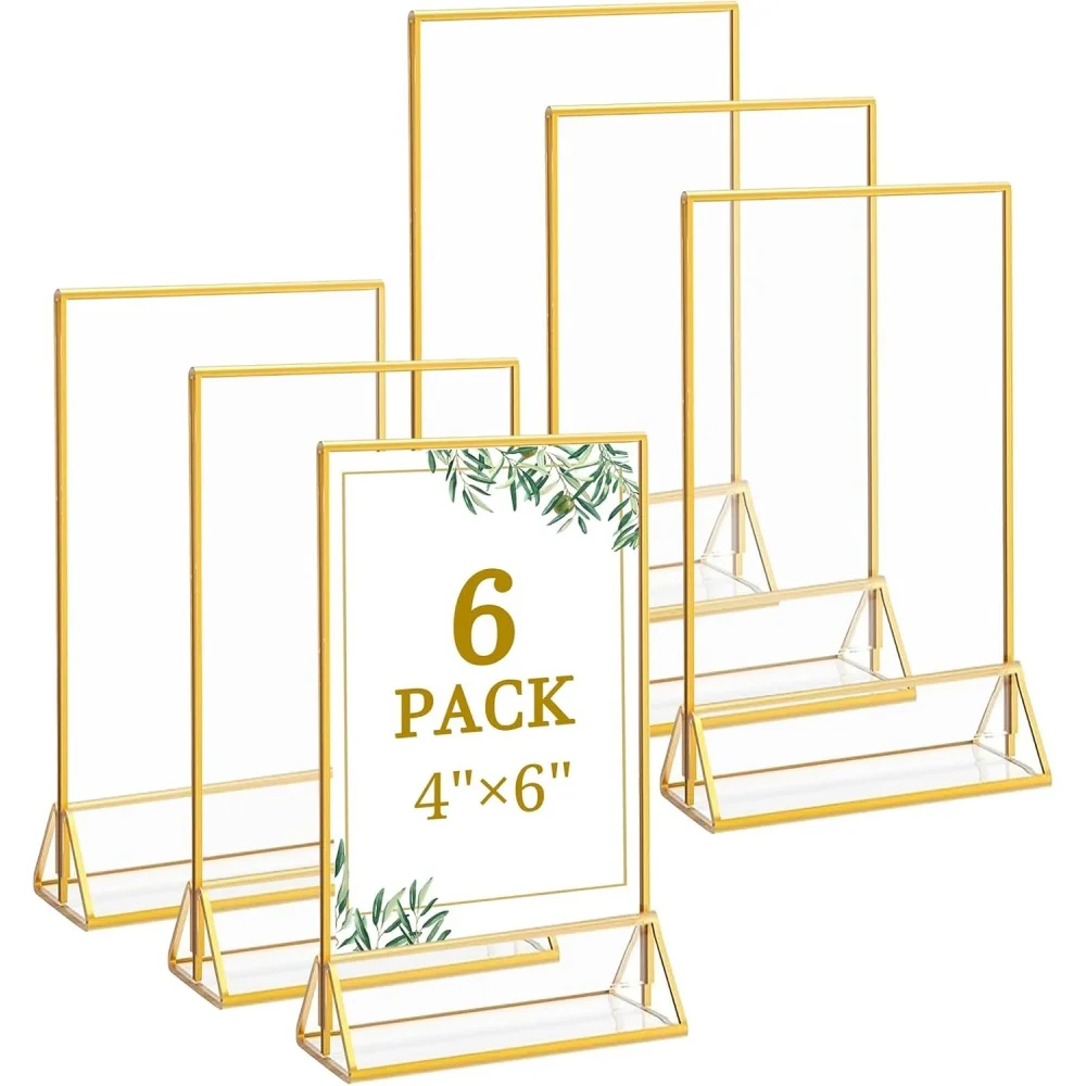 6 Pack 4x6 Inch Acrylic Sign Holders with Gold Borders Double Sided Table Number Picture Frames for Wedding Restaurant Menu