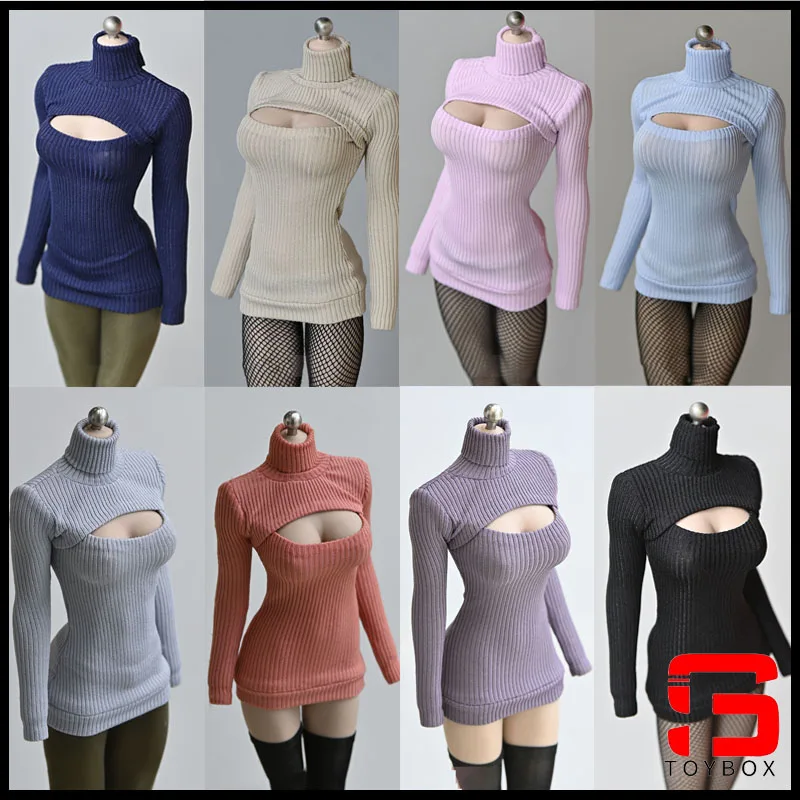 1/6 Kobieta Żołnierz Sweter Slim Elastic High Neck Knit Pullover Sexy Open Chest Tops Mini Sweter Sukienka dla 12-calowej figurki akcji