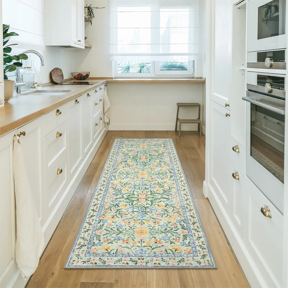 Küchenläufer mit Blumenmuster, weicher, bequemer, verschleißfester, rutschfester, waschbarer Teppich für Flur und Wohnzimmer