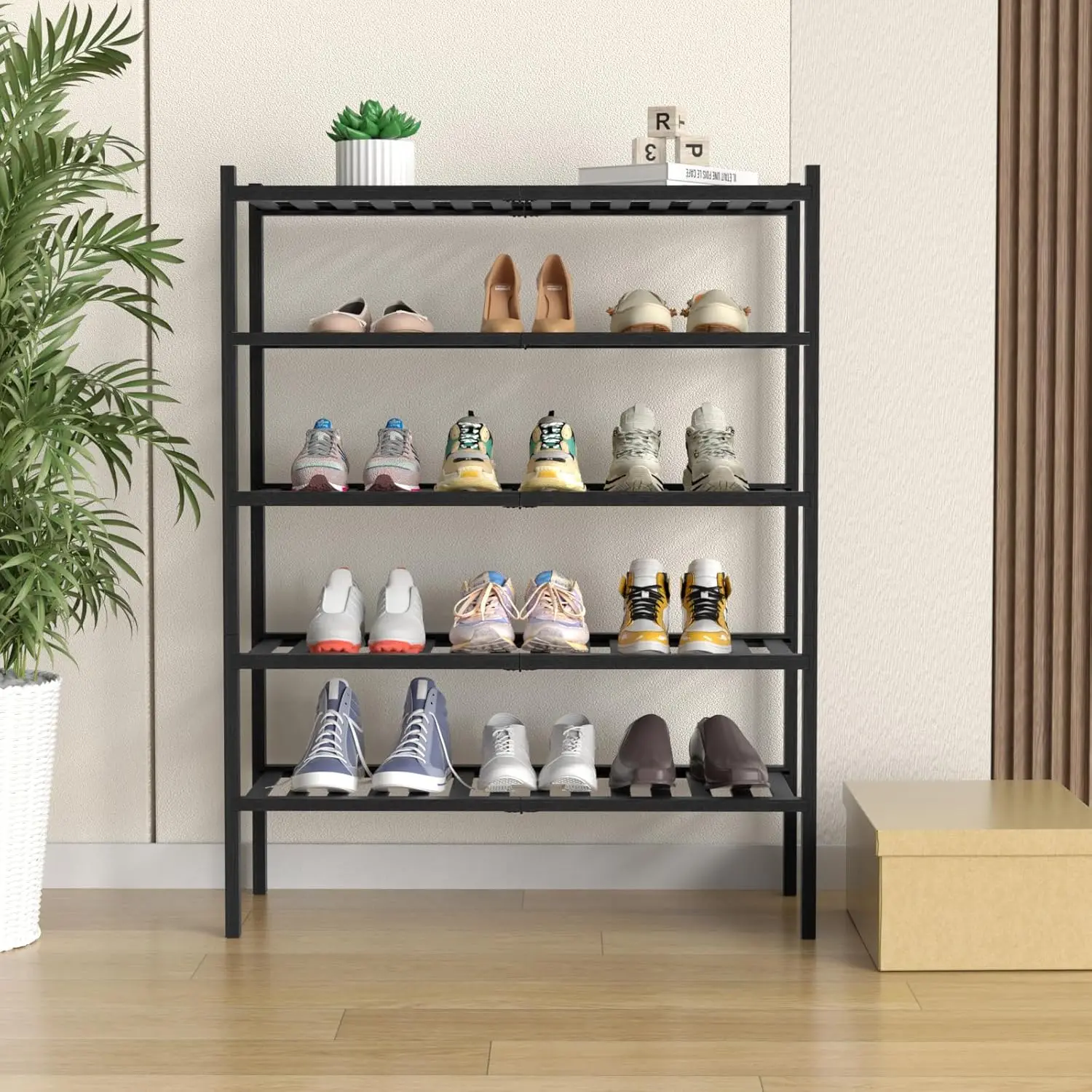 6-Tier Bamboo Shoe Rack Organizer Foldable Stackable Storage Shelf Entryway Hallway Closet Black Large