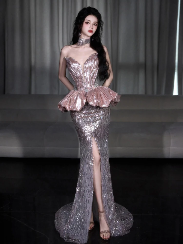 

Ele Mermaid Tail Split Evening Gown for Wedding Ceremony Engagement Par Host Luxury Drinking Dr Bride